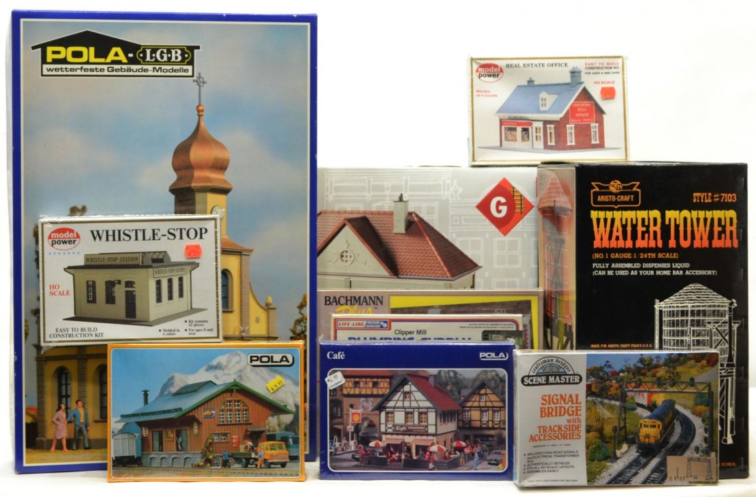 (10) GROUP OF VARIOUS MODEL TRAIN ACCESSORIES: (lot of 10) Group of Pola, Piko, Aristo, Model Power, Life-Like Trains, Bachmann, and Craftsman Bridges model train buildings and accessories, in original boxes with some still sealed, comprising: (1)