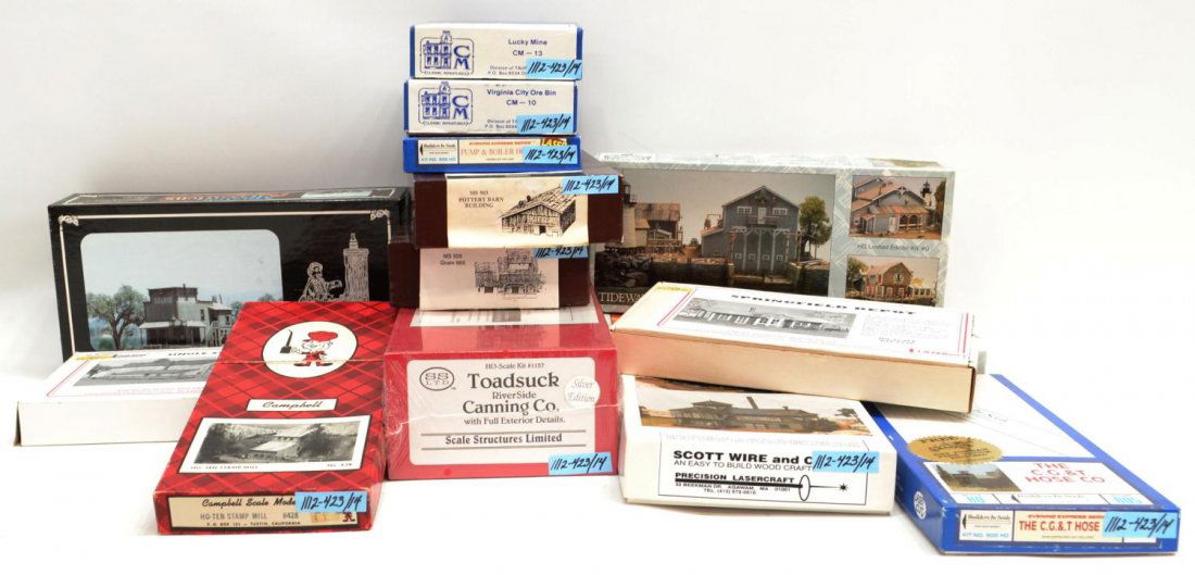 (14) GROUP OF VARIOUS MODEL TRAIN BUILDING KITS: (lot of 14) Collection of various model train accessory building kits, in original boxes, comprising: (1) 428 Campbell Scale Models, Ho-Ten Stamp Mill; (1) 9 Builders in Scale, Tidewater Wharf, H0 lim