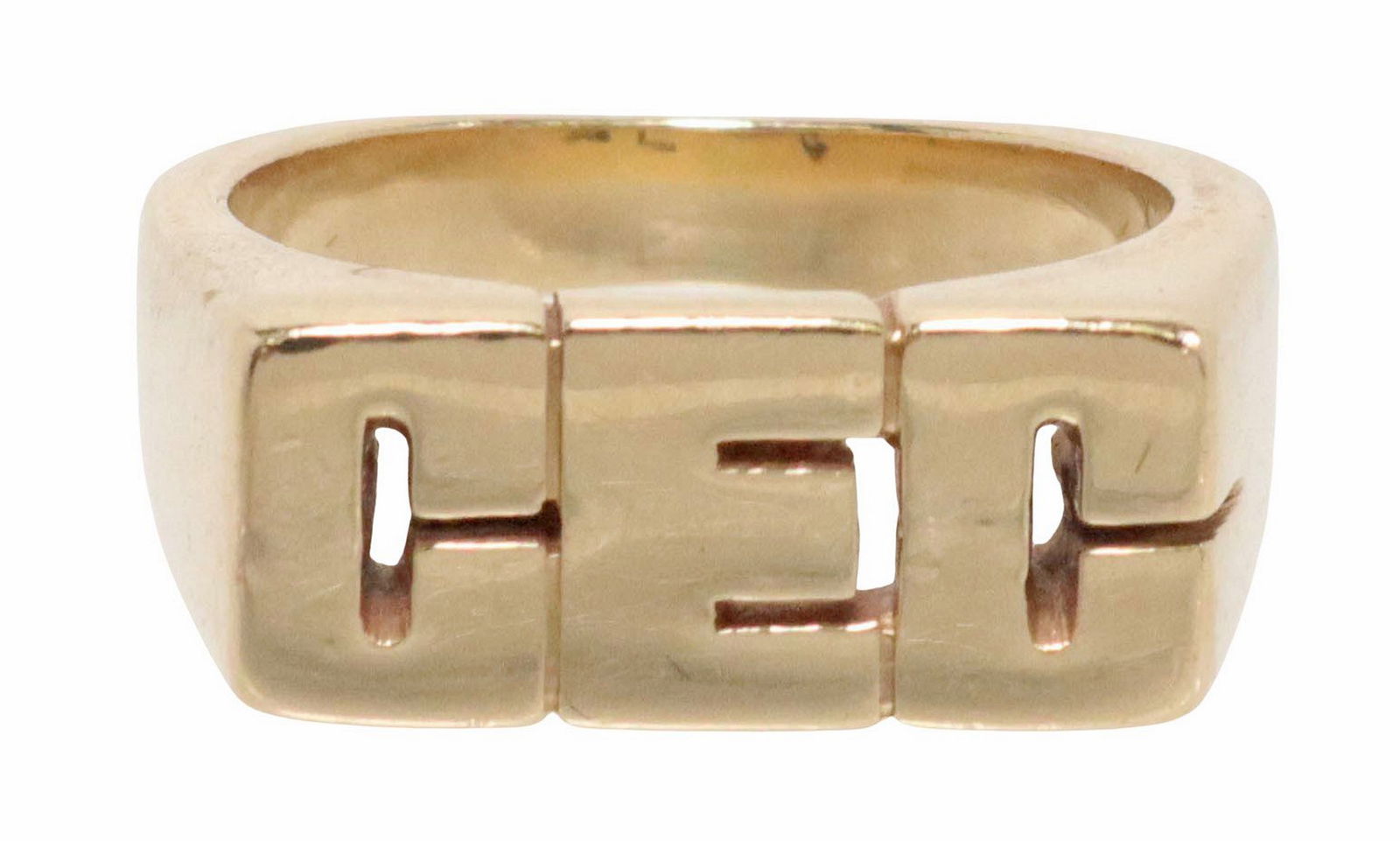 ESTATE GENT'S JAMES AVERY 14KT YELLOW GOLD MONOGRAM RING: Estate 14kt yellow gold ring, James Avery, initials CEC, hallmarked 14K, approx size 8.75-9, 14.8 grams **Provenance: From the estate of Carl Carter (Texas, 1955-2023)**