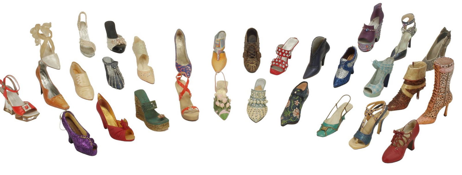 (30) COLLECTION OF MINIATURE WOMEN'S SHOES: (lot of 30) Collection of miniature women's shoes, from "Just The Right Shoe by Raine," makers tag and mark underfoot, largest: approx 5"h, 3"l, 1.25"w, 4lbs total