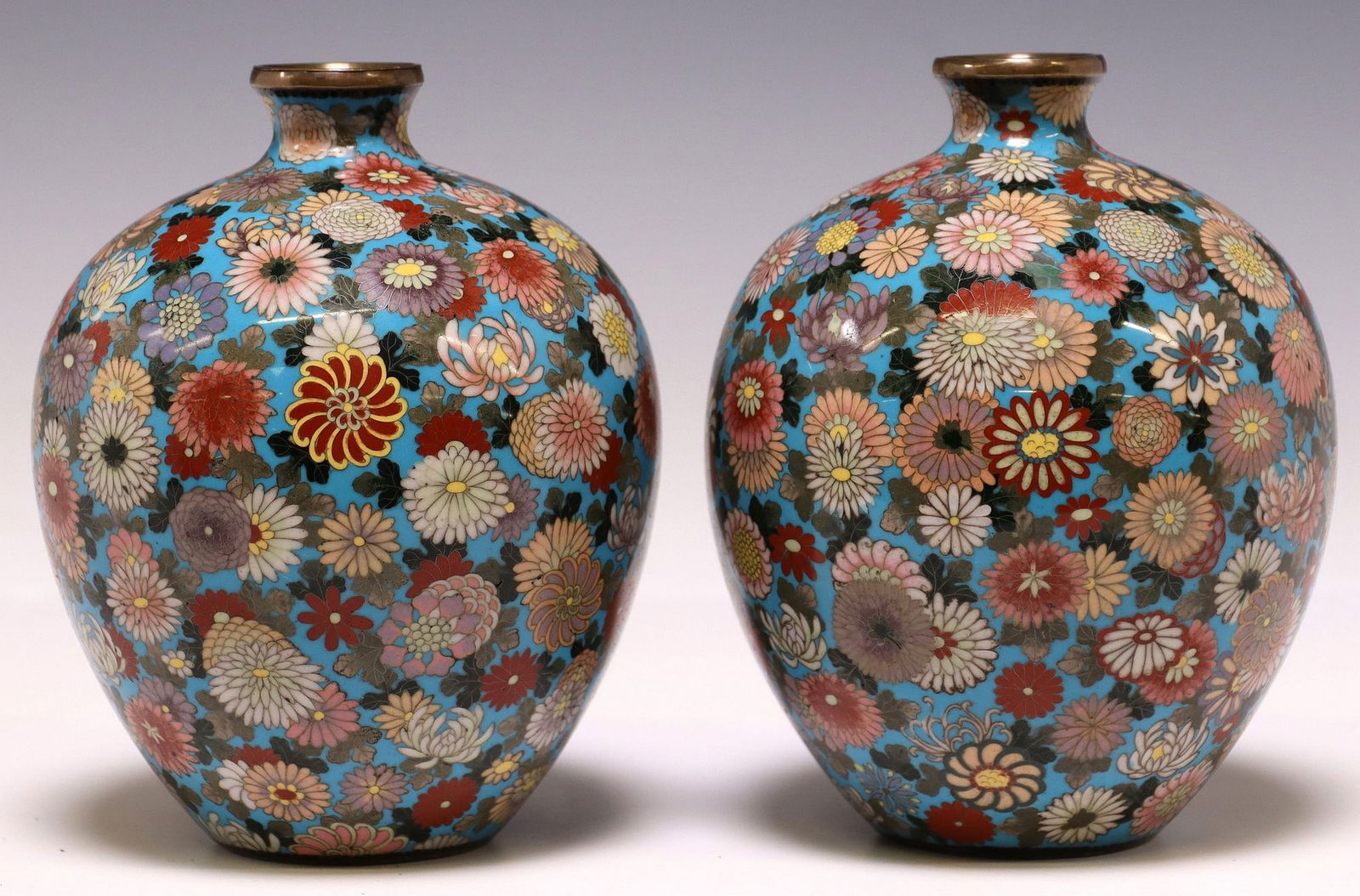 (2) JAPANESE POLYCHROME FLORAL CLOISONNE ENAMEL VASES (1 of 3)