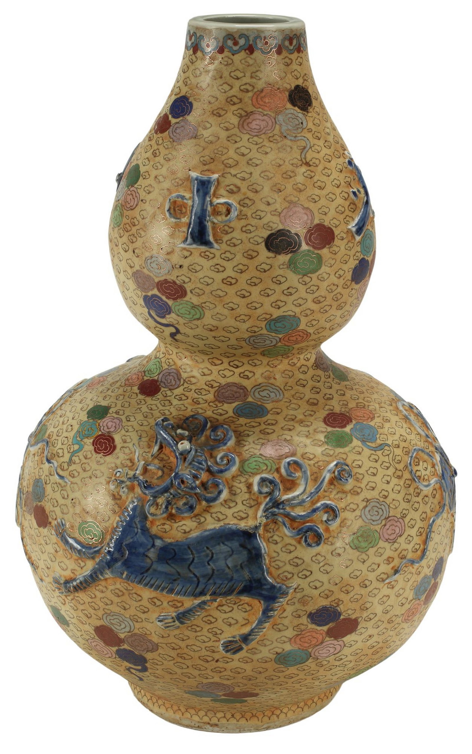 CHINESE CLOISONNE ON PORCELAIN DOUBLE-GOURD VASE: Chinese cloisonne on porcelain double-gourd vase, with Buddhist lion in relief, approx 18"h, 10"diam, 13lbs