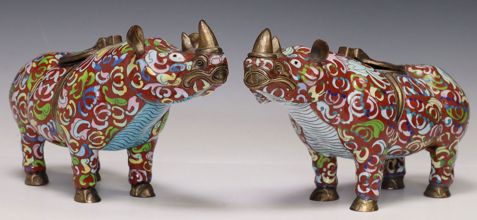 (2) CHINESE CLOISONNE ENAMEL RHINO-FORM CENSERS (1 of 3)