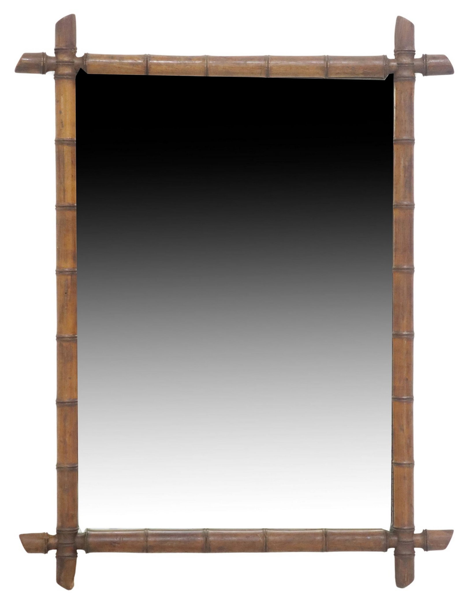 FRENCH TURNED WOOD FAUX BAMBOO MIRROR, 39" X 29.5": French wall mirror, early 20th c., turned faux bamboo frame, encasing flat mirror plate, some silver loss to mirror plate, approx 39"h, 29.5"w, 25lbs