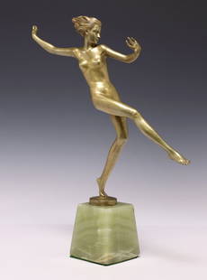 JOSEF LORENZL (1892-1950) ART DECO DORE BRONZE FIGURE, FEMALE DANCER: Art Deco gilt bronze figure, Female Dancer, signed in cast Lorenzl (Josef Lorenzl, Austria,&nbsp;1892-1950), rising on integral onyx plinth, small chip to marble base at corner, approx 14.5&quot;h, 11