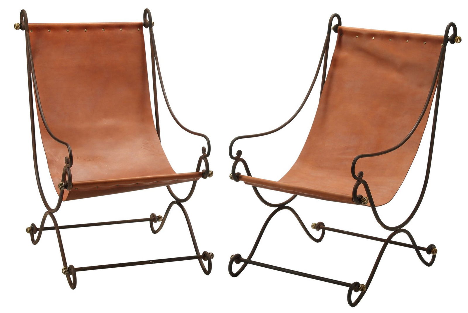 (2) DAVID HICKS STYLE WROUGHT IRON & LEATHER SLING CHAIRS: (pair) Wrought iron and leather sling chairs, in the manner of David Hicks (1929-1998), approx 40"h, 25"w, 33"d, seat height: approx 17"h