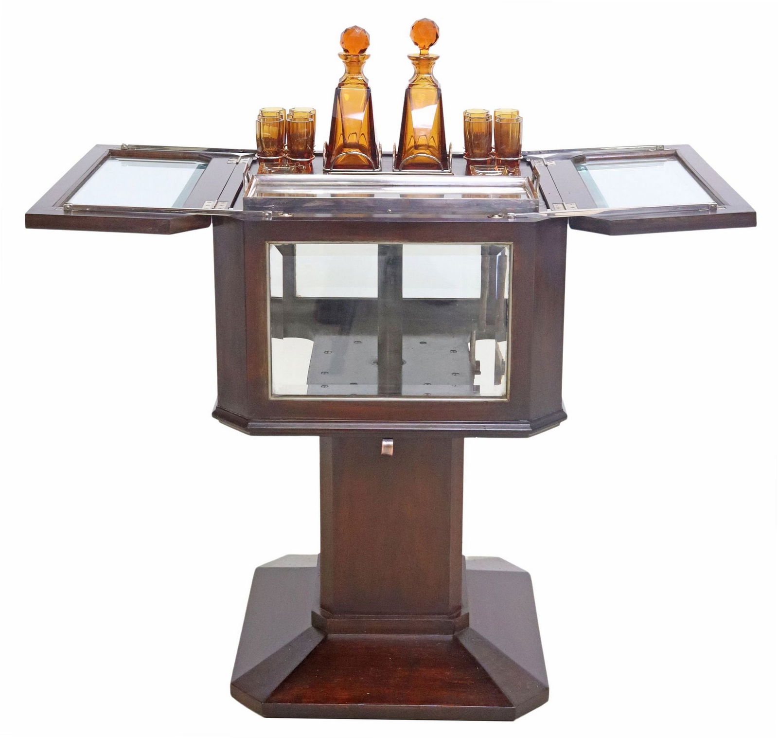 ART DECO MECHANICAL BAR CABINET WITH AMBER GLASS DECANTER SET (1 of 6)