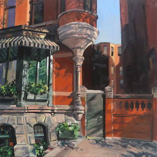 GEORGE NICK (B.1927) ARCHITECTURAL PAINTING 'JOE'S BAR,' 40" X 40": Framed oil on canvas painting, &quot;Joe&#39;s Bar,&quot; signed lower right George Nick (George Bentley Nick, American, b.1927),&nbsp;dated September 1993,&nbsp;Fischbach Gallery label verso, sight: