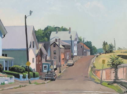 GEORGE NICK (B.1927) ARCHITECTURAL PAINTING 'SALEM HILL,' 30" X 40": Framed oil on canvas painting, "N. Salem Hill," signed lower right George Nick (George Bentley Nick, American, b.1927), dated 24 July 1991, sight: approx 30"h, 40"w, overall: