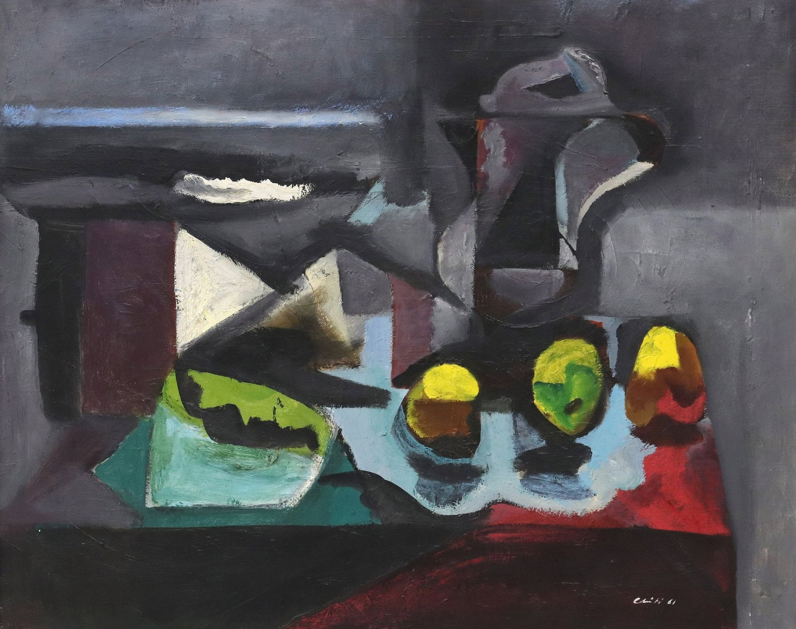 GUIDO CHITI (1918-2003) MID-CENTURY PAINTING STILL LIFE WITH YELLOW APPLES: Framed oil on canvas painting, "Natura Morta con Mele Gialle," signed lower right Chiti (Guido Chiti, Italian, 1918-2003), dated [19]61, titled verso, sight: approx 31.5"h, 39.25&q