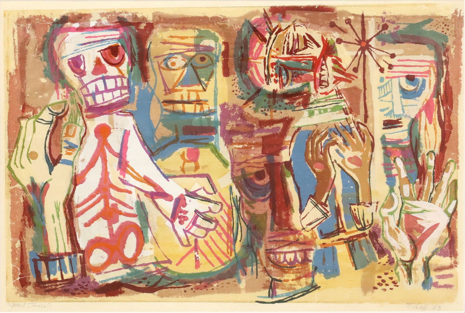 DOUGLAS CRAFT (1924-2015) SILKSCREEN 'SPIRIT FORMS' 1953: Framed serigraph on paper, "Spirit Forms," signed lower right D. Craft, attributed to Douglas Craft (American, 1924-2015), dated [19]53, sight: approx 11.25"h, 16.75"w, overall: 17