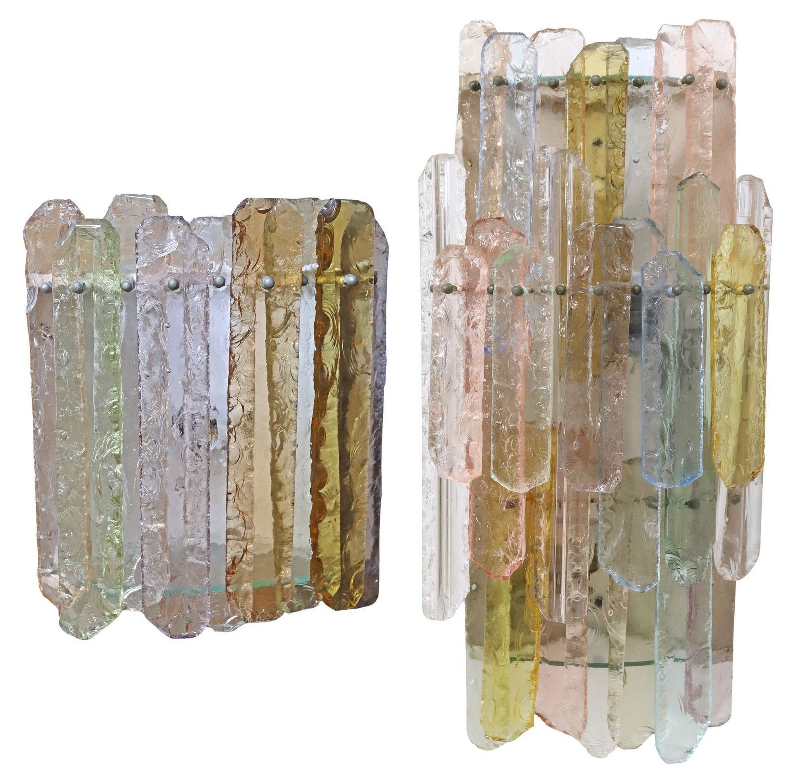 (2) ITALIAN MID-CENTURY MODERN MULTICOLOR GLASS SCONCES: (lot of 2) Italian mid-century modern glass corner sconces, in the manner of Julius Theodor (J.T.) Kalmar (Austrian, 1884-1968), c. 1960s, white-painted metal frame hung with colorless and translucent