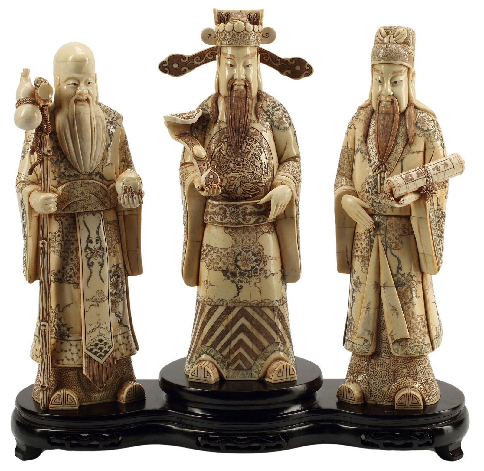 (3) CARVED BONE-TILED FIGURES OF THE SANXING DEITIES: (lot of 3) Carved bone-tiled figures of Fu, Lu, and Shou, standing on a wood base, approx 19.5"h, 20"w, 6.5"d, 19lbs total