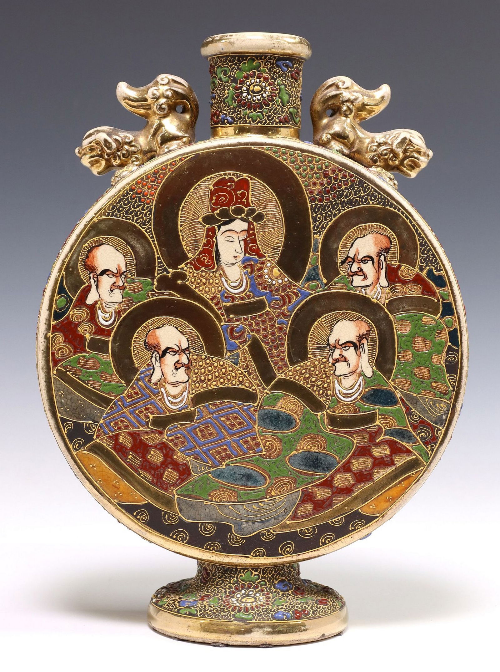 JAPANESE SATSUMA PORCELAIN BUDDHIST 'RAKAN' MOON FLASK (1 of 4)