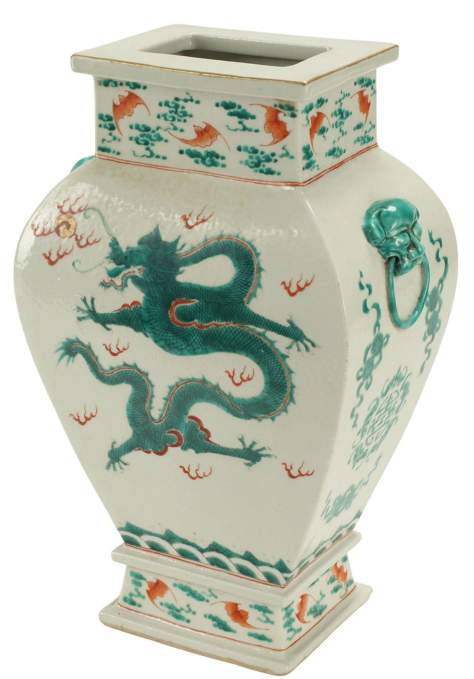 CHINESE IRON-RED & GREEN-ENAMELED PORCELAIN DRAGON VASE: Chinese iron-red and green-enameled porcelain vase, depicting a dragon pursuing a flaming pearl, enclosed by bands of bats among cloud scrolls, with honorific Daoguang mark underfoot, approx 14.5"h, 9