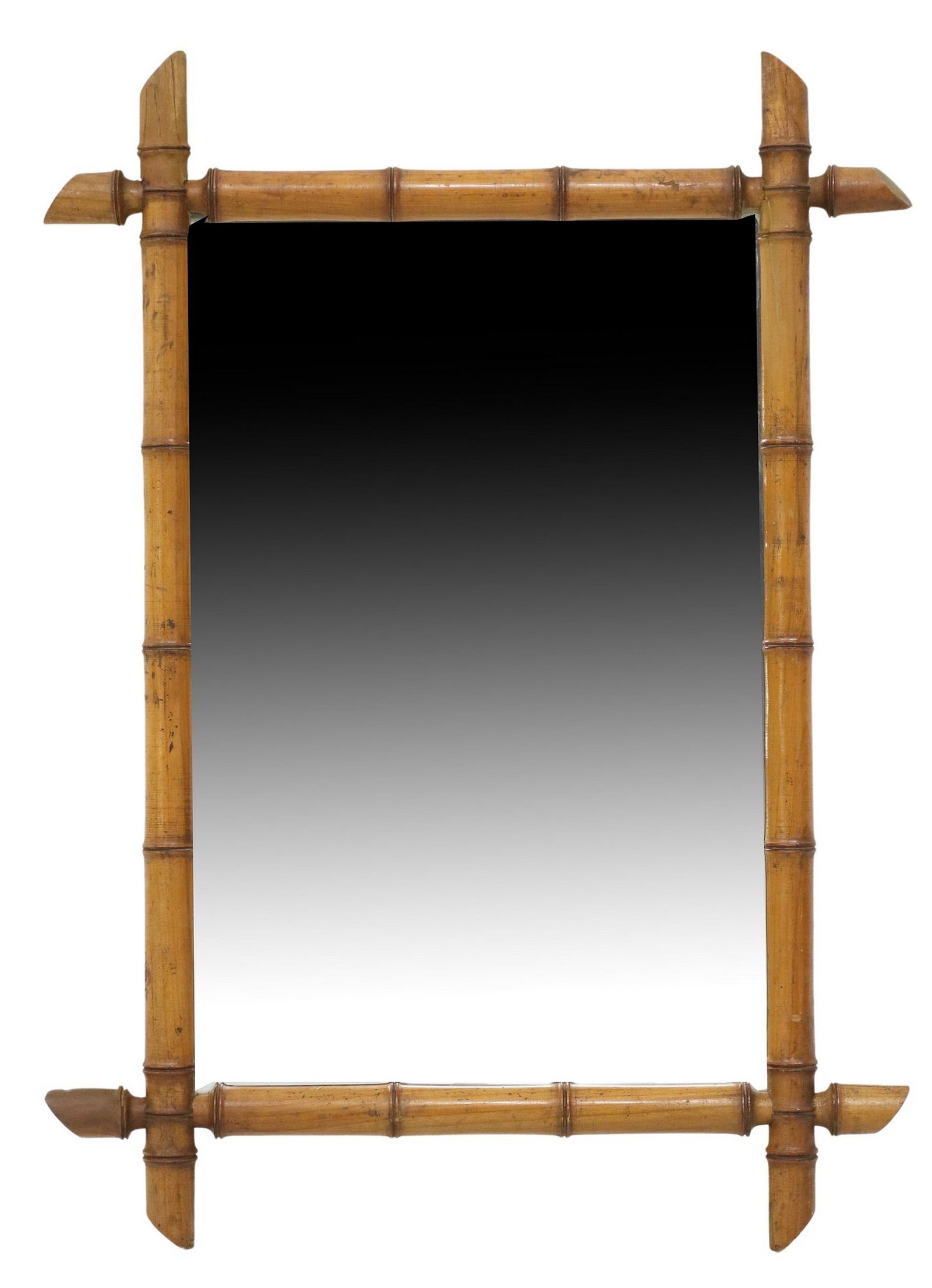 FRENCH TURNED WOOD FAUX BAMBOO MIRROR, 28" X 20.5": French wall mirror, early 20th c., turned faux bamboo frame, encasing flat mirror plate, approx 28"h, 20.5"w, 6lbs