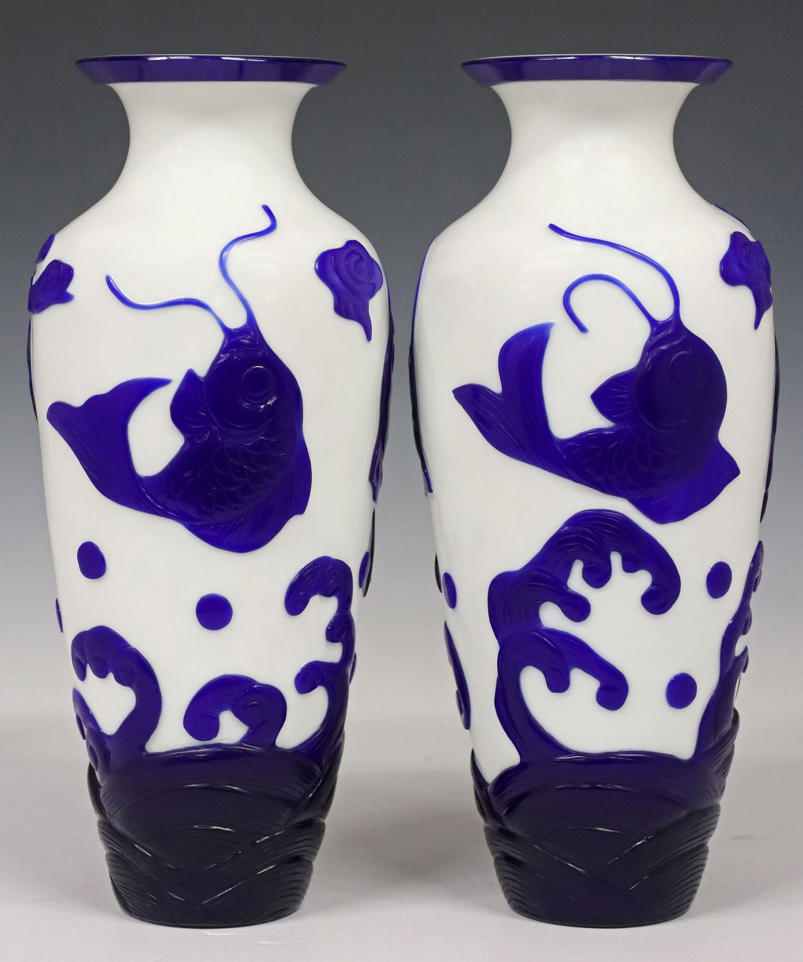 (2) LARGE CHINESE PEKING GLASS COBALT BLUE OVERLAY VASES (1 of 3)