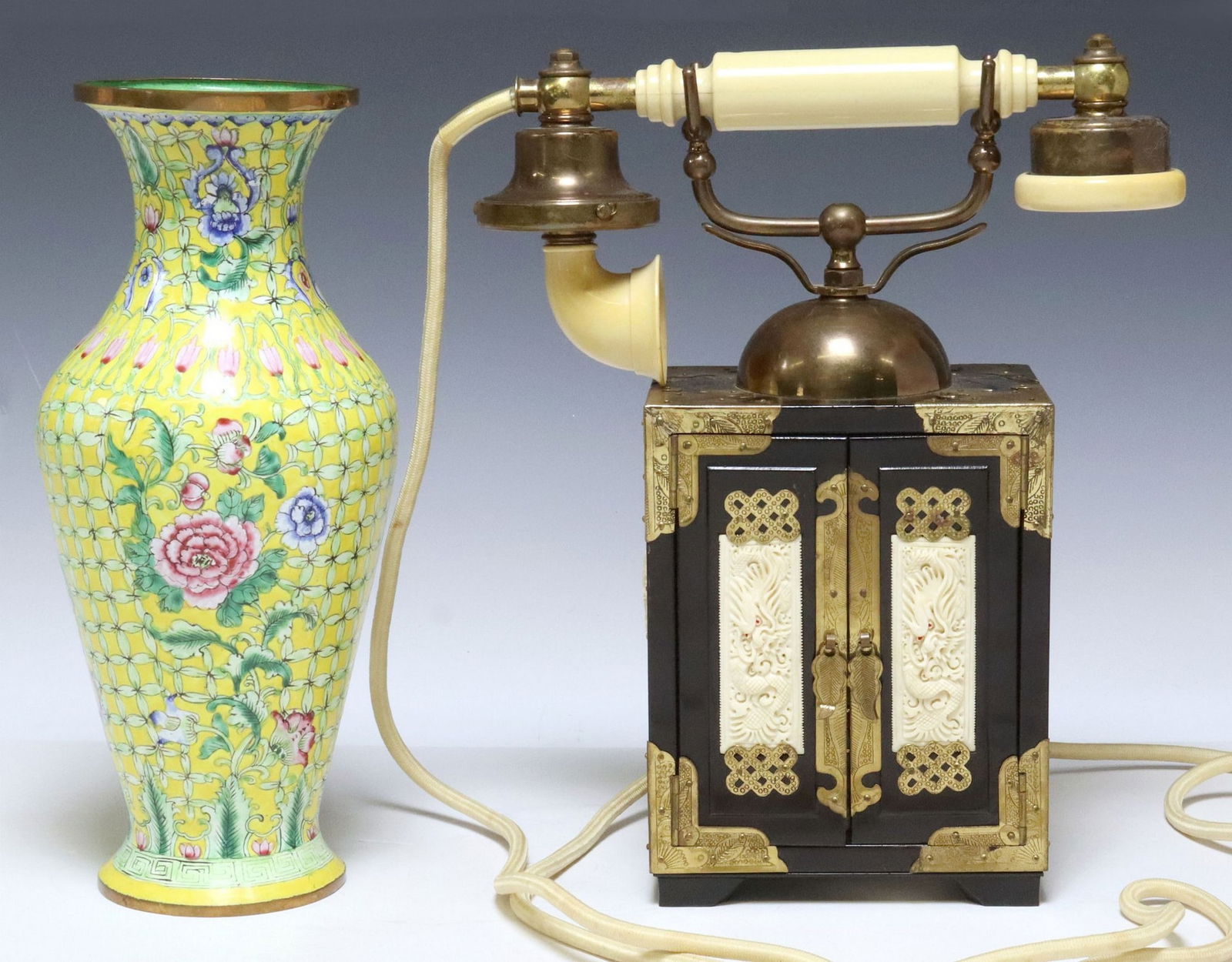 (2) CHINESE LACQUERED CABINET-FORM ROTARY PHONE & CLOISONNE VASE (1 of 5)