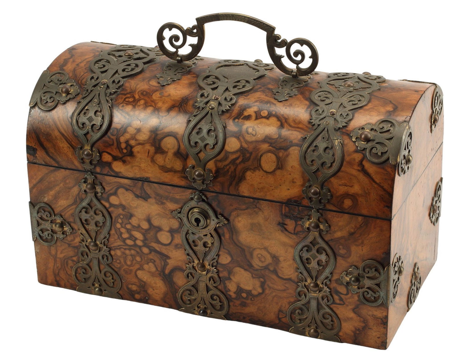 ENGLISH VICTORIAN BRASS-MOUNTED BURLWOOD TEA CADDY (1 of 7)