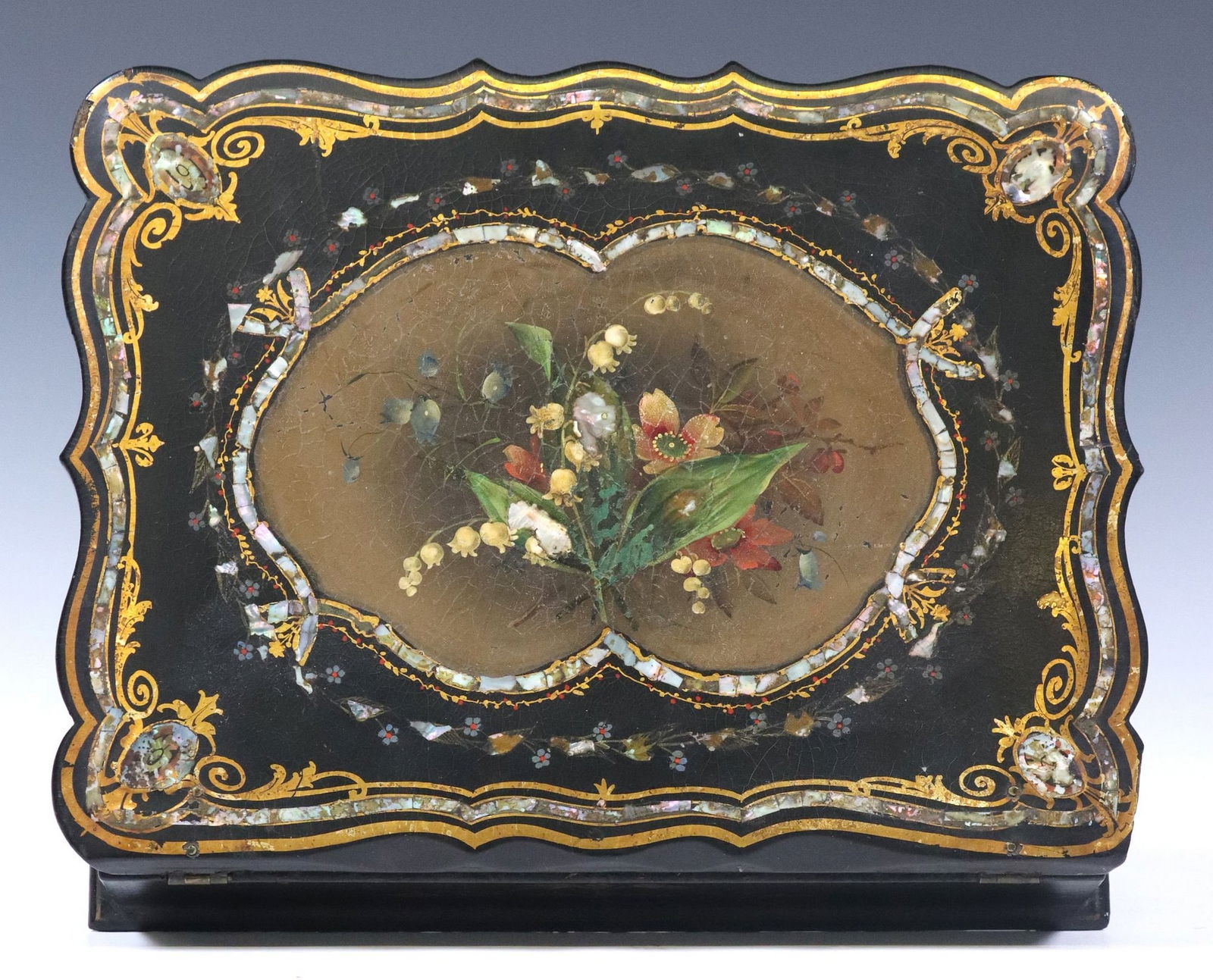 VICTORIAN INLAID PAPIER MACHE LAP DESK/ WRITING COMPENDIUM BOX (1 of 6)