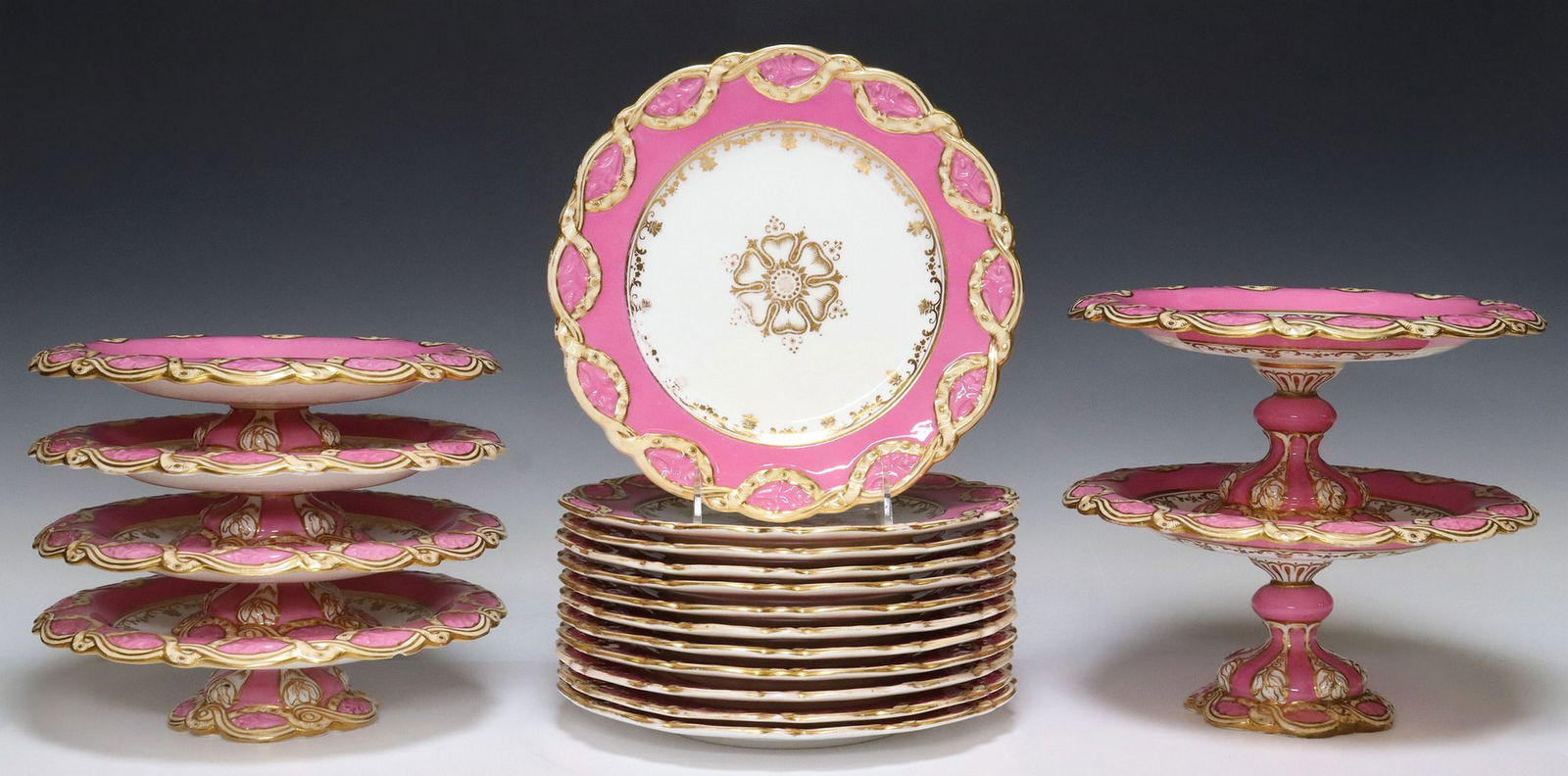 (18) MINTON (ATTRIB.) PARCEL GILT PINK DESSERT SERVICE (1 of 6)