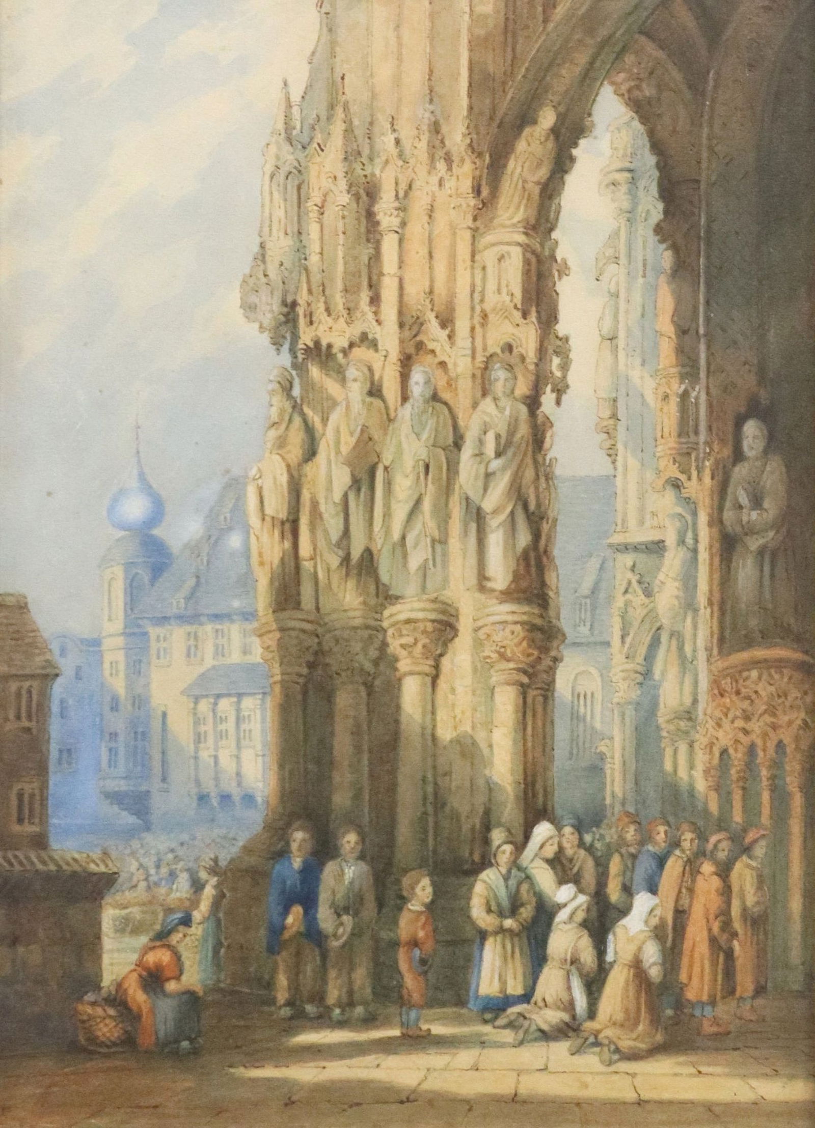 WATERCOLOR VIEW PORCH OF RATISBON CATHEDRAL, REGENSBURG, GERMANY: Framed watercolor painting on paper, The Porch of Ratisbon Cathedral, Regensburg, Germany, attributed to Samuel Prout (British, 1783-1852), sight: approx 15 1/8"h, 10 5/8"w, overall: 24.25&q
