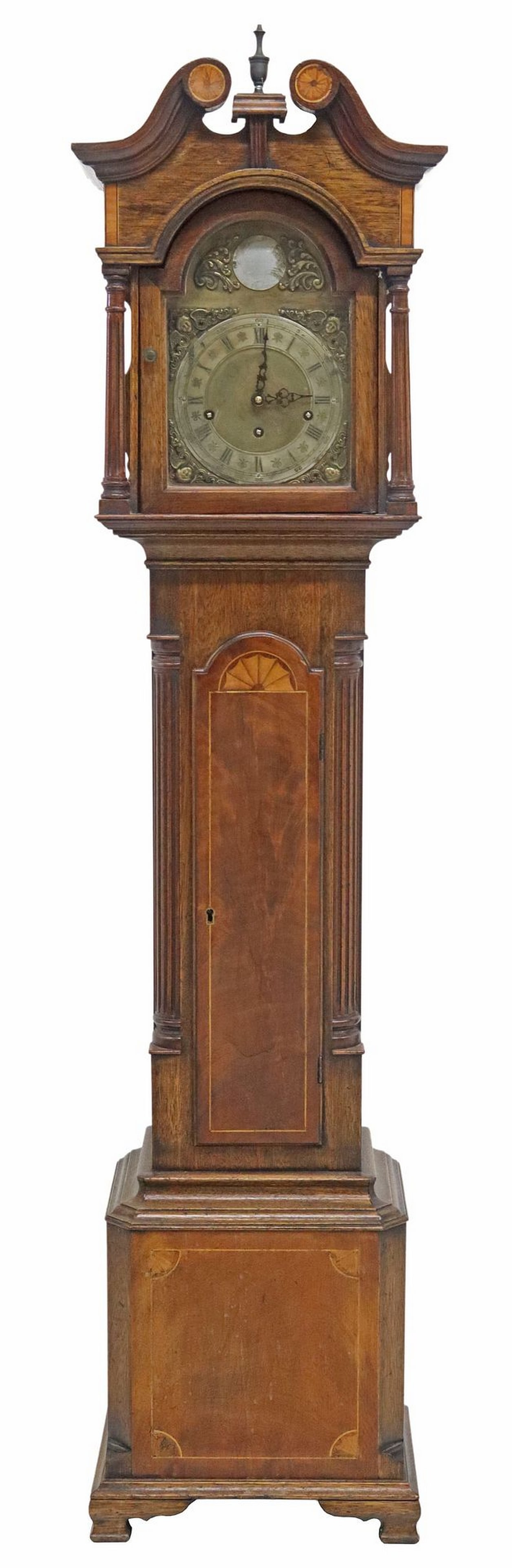 ENGLISH GEORGIAN STYLE JOHN THOMPSON CHIMING GRANDMOTHER CLOCK: English Georgian style inlaid grandmother clock, John Thompson, London, 20th c., having scrolled pediment flanking turned finial, above fluted columnar corner posts, central gilt and silver-tone metal