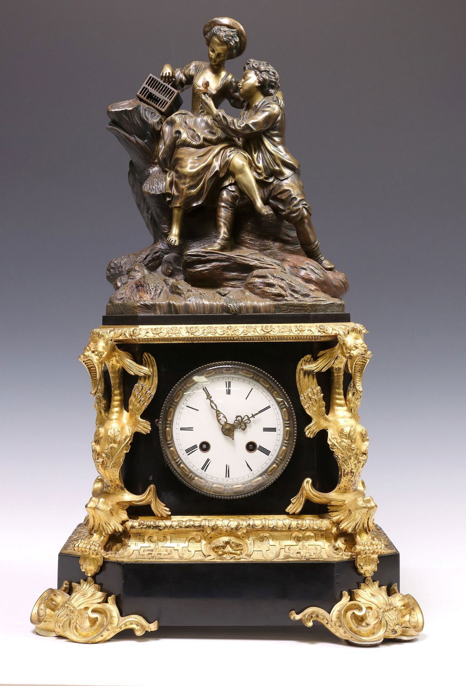 FRENCH ORMOLU & BLACK SLATE FIGURAL TOPPER MANTEL CLOCK (1 of 6)