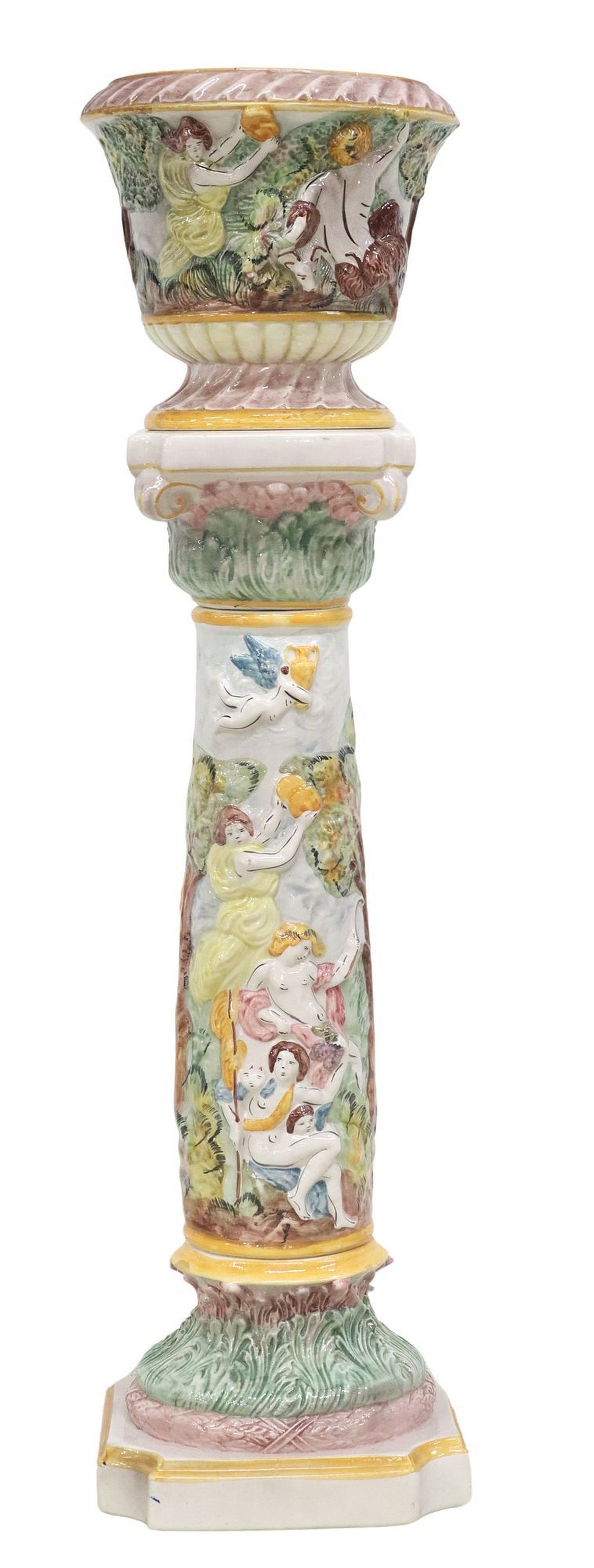 (2) ITALIAN MAJOLICA ALLEGORICAL MOTIF JARDINIERE ON COLUMNAR STAND (1 of 10)