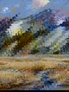 ROBERT PETERS (B.1960) MOUNTAIN LANDSCAPE PAINTING, 'THE HUNTING CABIN': Framed oil on board painting, "The Hunting Cabin," signed lower left Robert Peters (Arizona, b.1960), titled with additional artist's signature verso, retaining The Legacy Gallery, Jacks