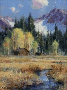 ROBERT PETERS (B.1960) MOUNTAIN LANDSCAPE PAINTING, 'THE HUNTING CABIN': Framed oil on board painting, "The Hunting Cabin," signed lower left Robert Peters (Arizona, b.1960), titled with additional artist's signature verso, retaining The Legacy Gallery, Jacks