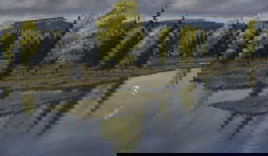 ROBERT PETERS (B.1960), LANDSCAPE PAINTING, 'AUTUMN'S GLIMMERS': Framed oil on board painting, "Autumn's Glimmers," signed lower left Bob Peters (Robert Peters, Arizona, b.1960), retaining title plaque, sight: approx 11.5"h, 19.5"w, ove