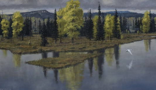 ROBERT PETERS (B.1960), LANDSCAPE PAINTING, 'AUTUMN'S GLIMMERS': Framed oil on board painting, &quot;Autumn&#39;s Glimmers,&quot; signed lower left Bob Peters (Robert Peters,&nbsp;Arizona, b.1960), retaining title plaque, sight: approx 11.5&quot;h, 19.5&quot;w, ove