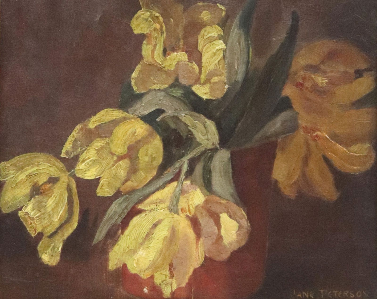 JANE PETERSON (1876-1965) PAINTING YELLOW PARROT TULIPS (1 of 4)