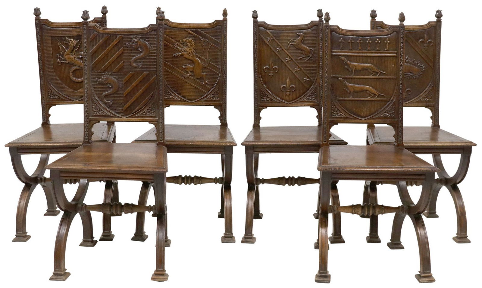 (6) FRENCH GOTHIC REVIVAL CARVED WALNUT ARMORIAL SIDE CHAIRS (1 of 3)