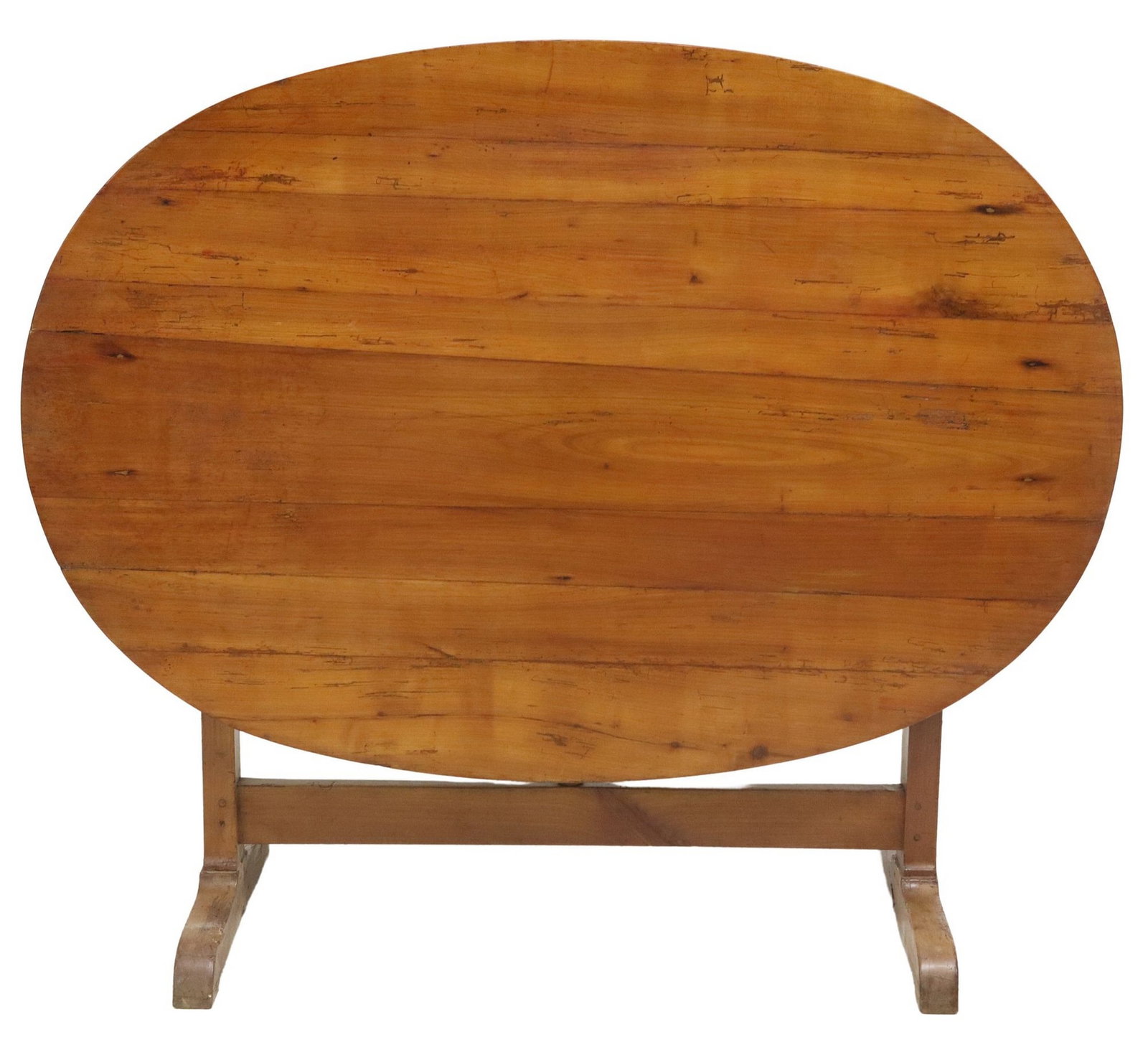 FRENCH PROVINCIAL FRUITWOOD TILT-TOP WINE TASTING TABLE: French Provincial fruitwood wine tasting table, 19th c., oval tabletop, rising on a trestle base, with pivoting harp-form support, restoration to leg, top up: approx 44.5"h, top down: approx 28"h, 53"