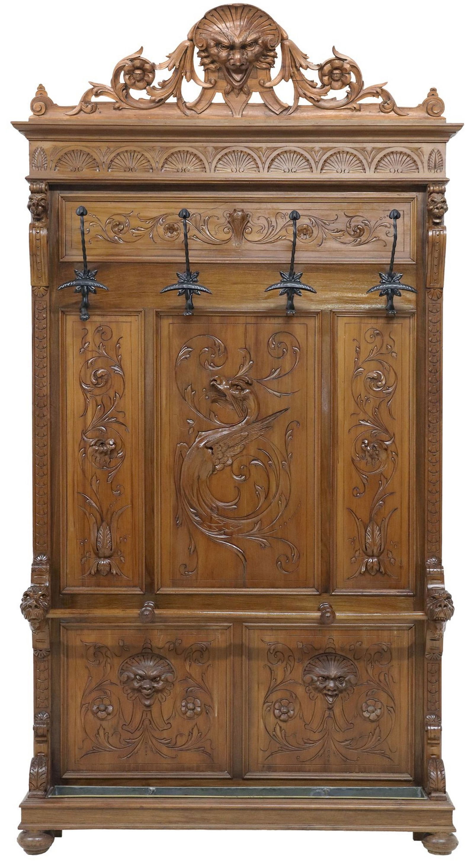 ITALIAN RENAISSANCE REVIVAL CARVED WALNUT HALL TREE (1 of 3)