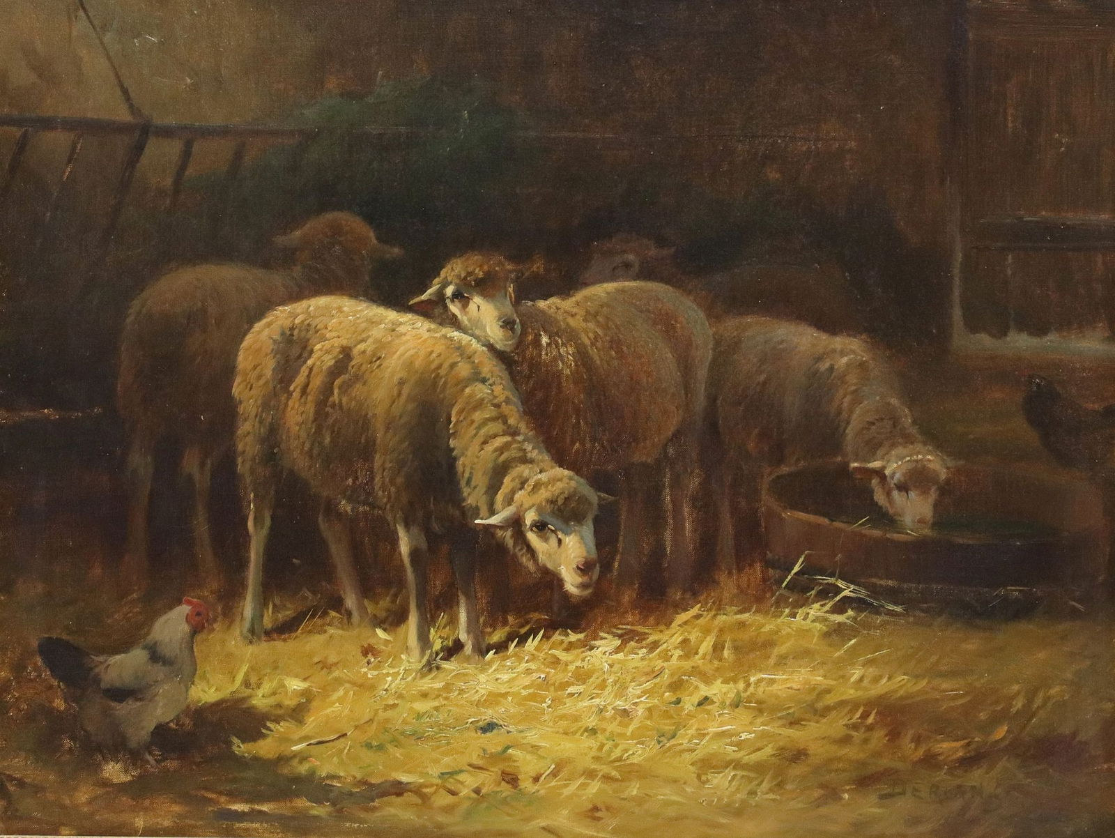 FRENCH SCHOOL OIL PAINTING OF SHEEP & CHICKENS IN A STABLE (1 of 4)