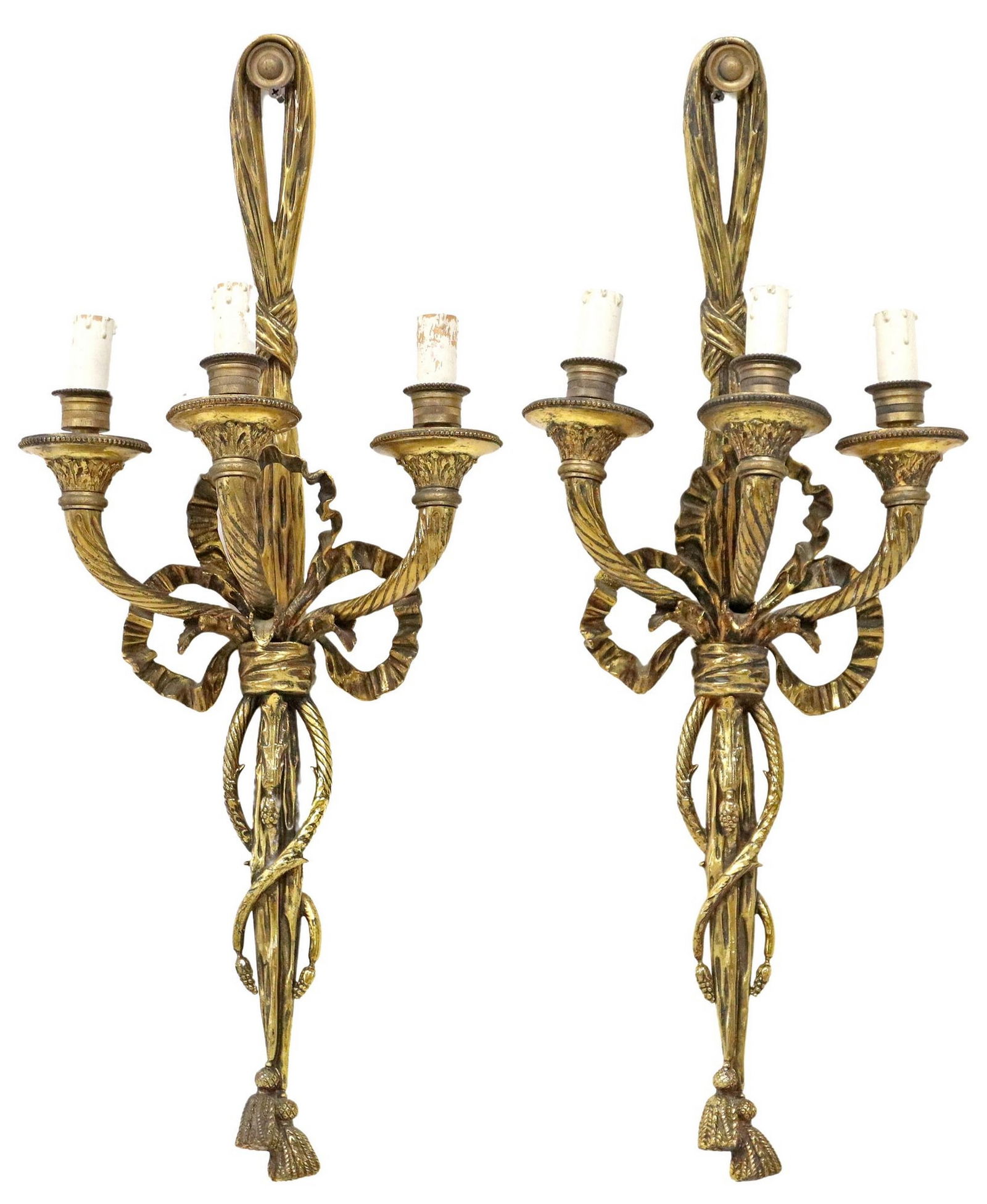 (2) LOUIS XVI STYLE ORMOLU RIBBON THREE-LIGHT SCONCES (1 of 3)