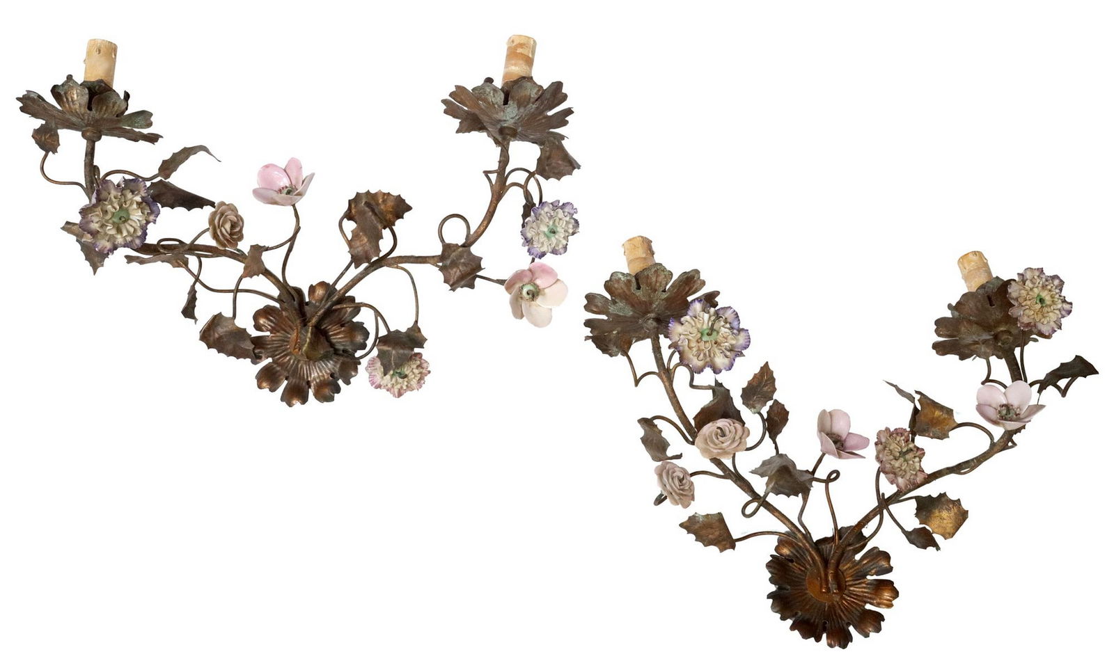 (2) ITALIAN TOLE IRON & PORCELAIN FLOWERS TWO-LIGHT SCONCES (1 of 2)