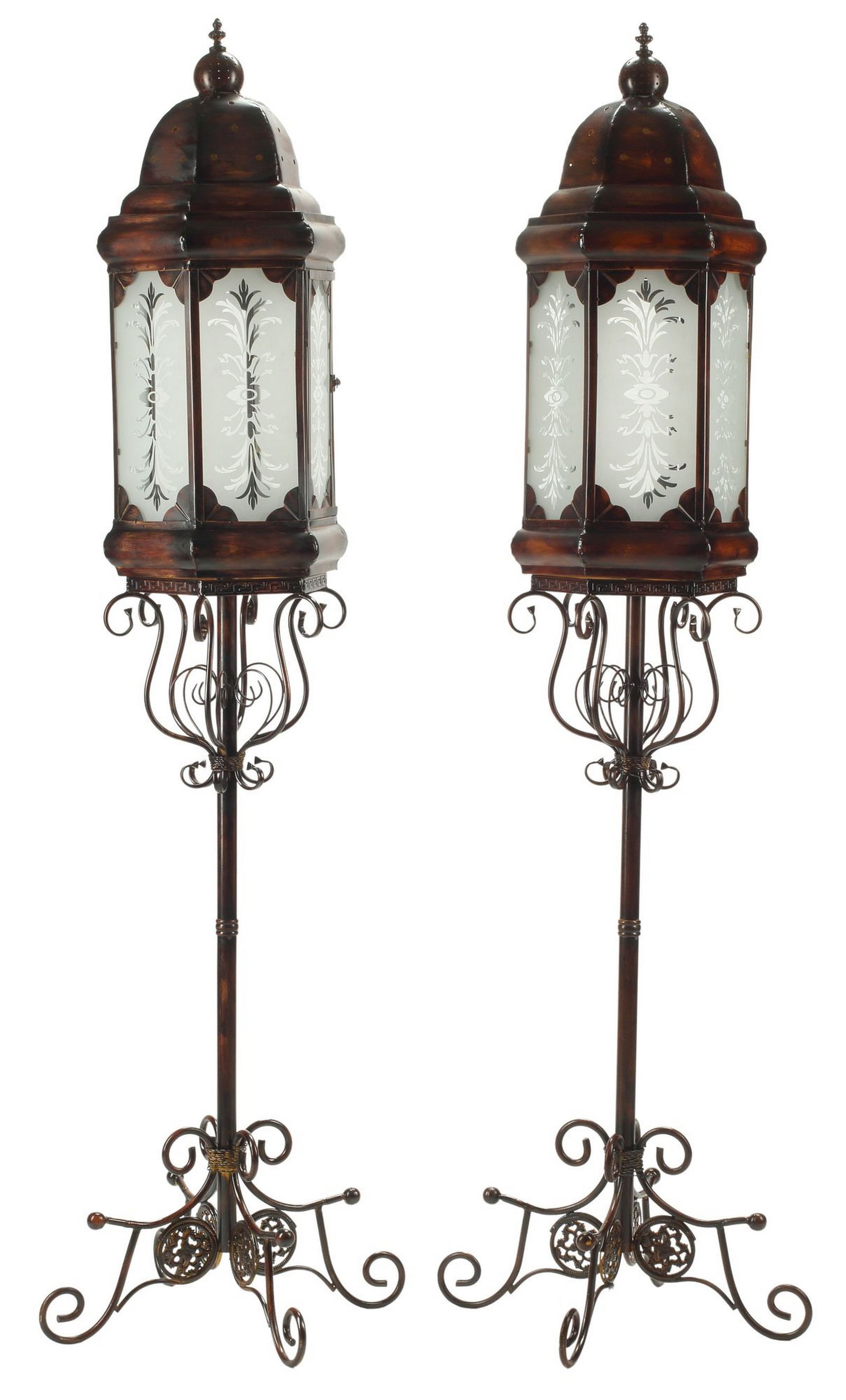 (2) METAL & ETCHED GLASS HEXAGONAL LANTERN TORCHIERES (1 of 6)