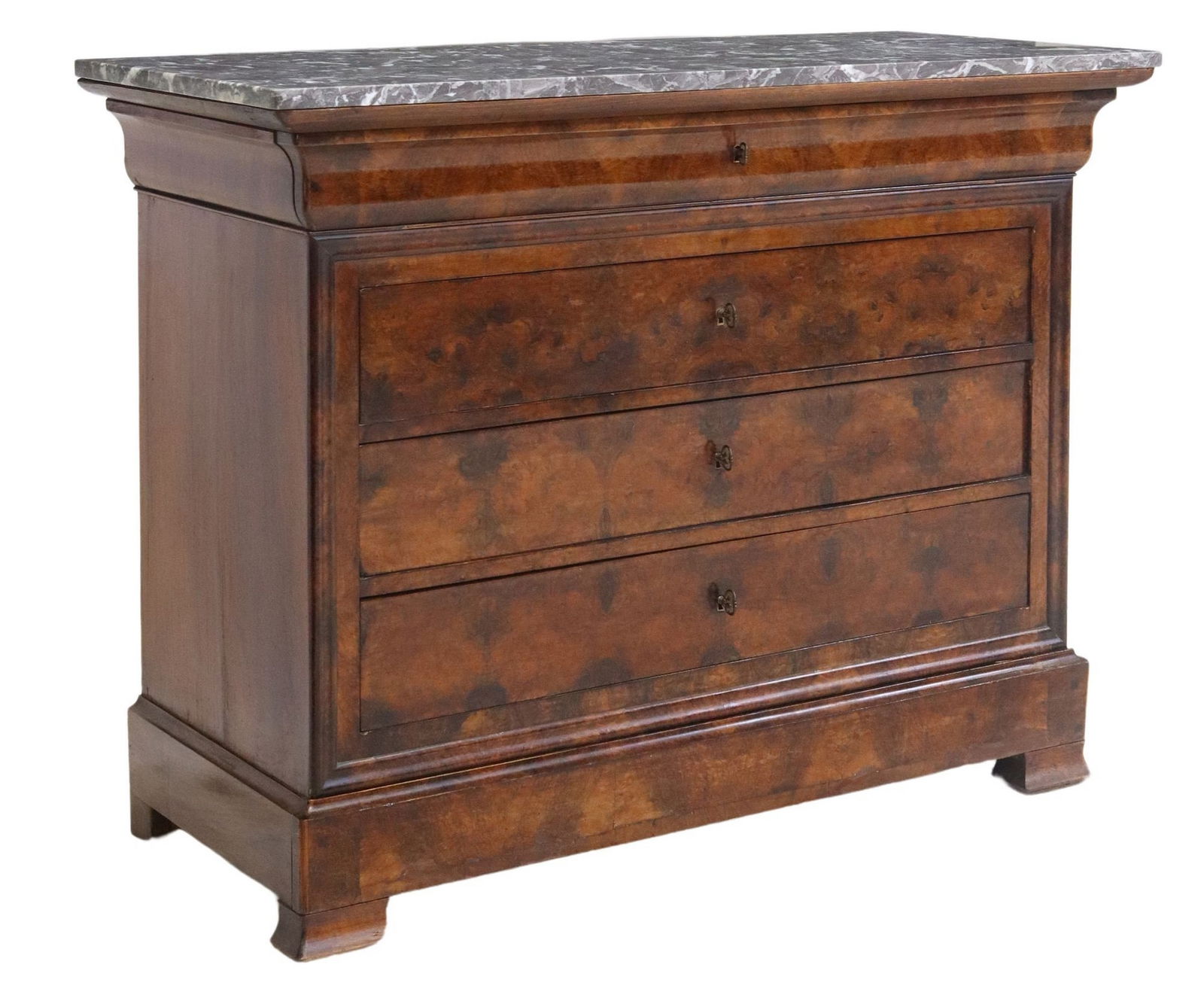 FRENCH LOUIS PHILLIPE PERIOD MARBLE-TOP BURLWOOD COMMODE: French Louis Phillippe period burlwood commode, mid 19th c., having marble top, one frieze drawer, over three additional drawers, on bracket feet, approx 37.5"h, 48.75"w, 21&q
