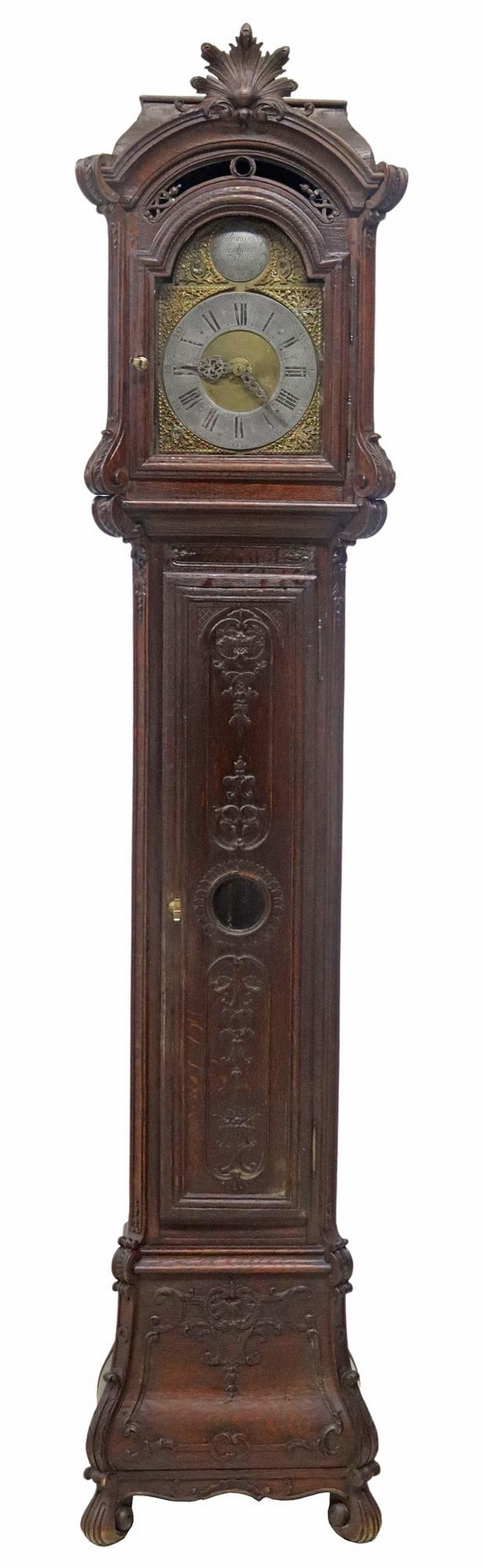 FRENCH GILT METAL & CARVED OAK LONGCASE CLOCK (1 of 8)