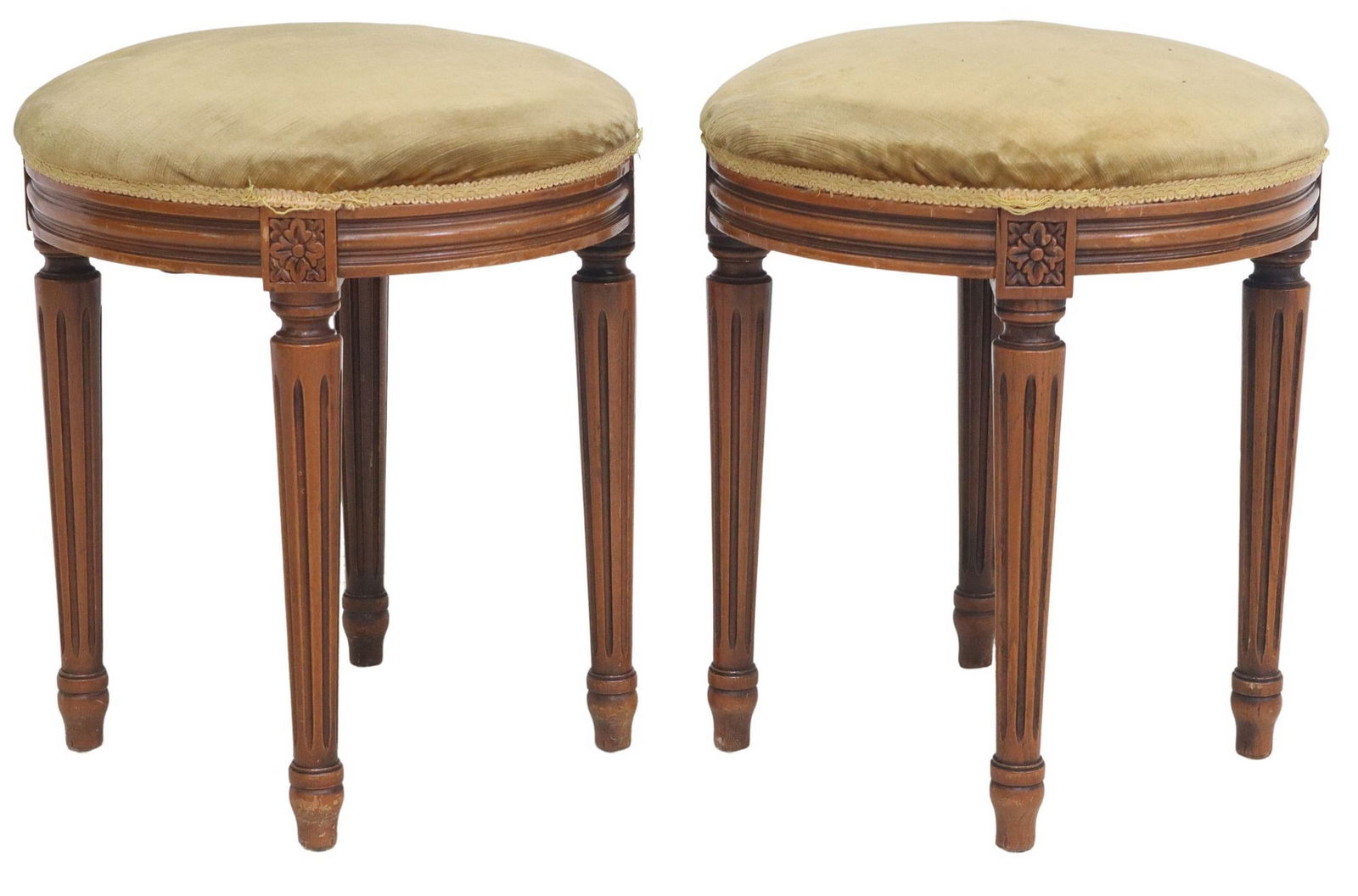 (2) LOUIS XVI STYLE CARVED & UPHOLSTERED CIRCULAR STOOLS (1 of 4)