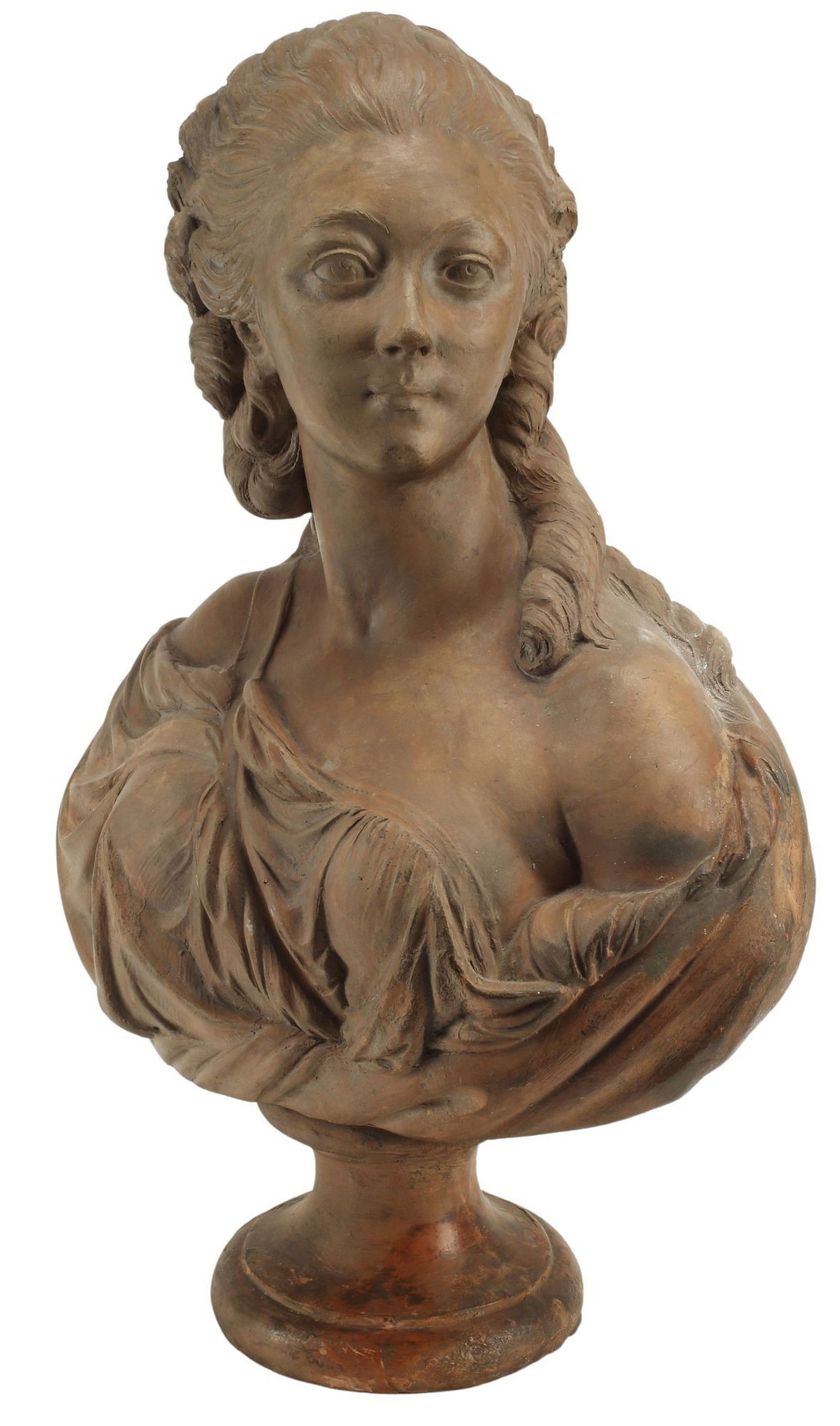 AFTER PAJOU TERRACOTTA BUST OF MADAME DU BARRY: Terracotta portrait bust of Jeanne Becu, Comtesse du Barry, after Augustin Pajou (French, 1730-1809), on socle, intact with hairlines, approx 20.5"h, 13.5"w, 7"d, 13.5lbs