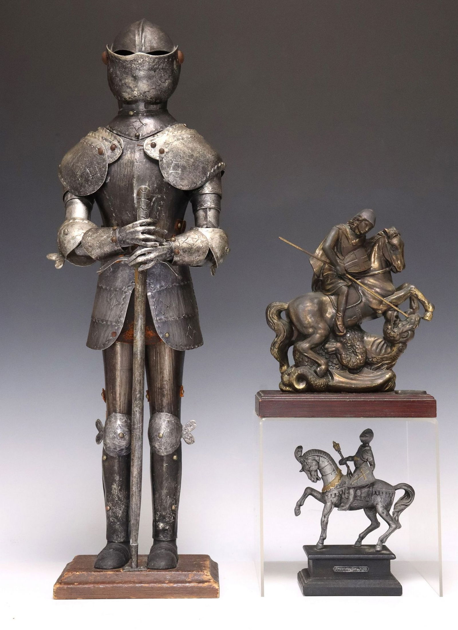 (3) ITALIAN PATINATED METAL FIGURES, KNIGHTS & SUIT OF ARMOR (1 of 5)