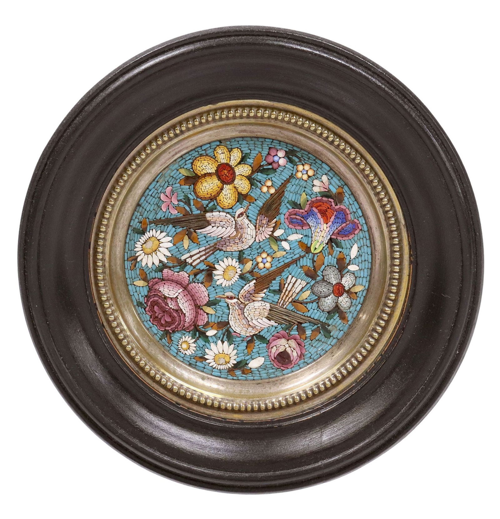 FRAMED ITALIAN GLASS MICROMOSAIC PLAQUE BIRDS & FLOWERS (1 of 3)