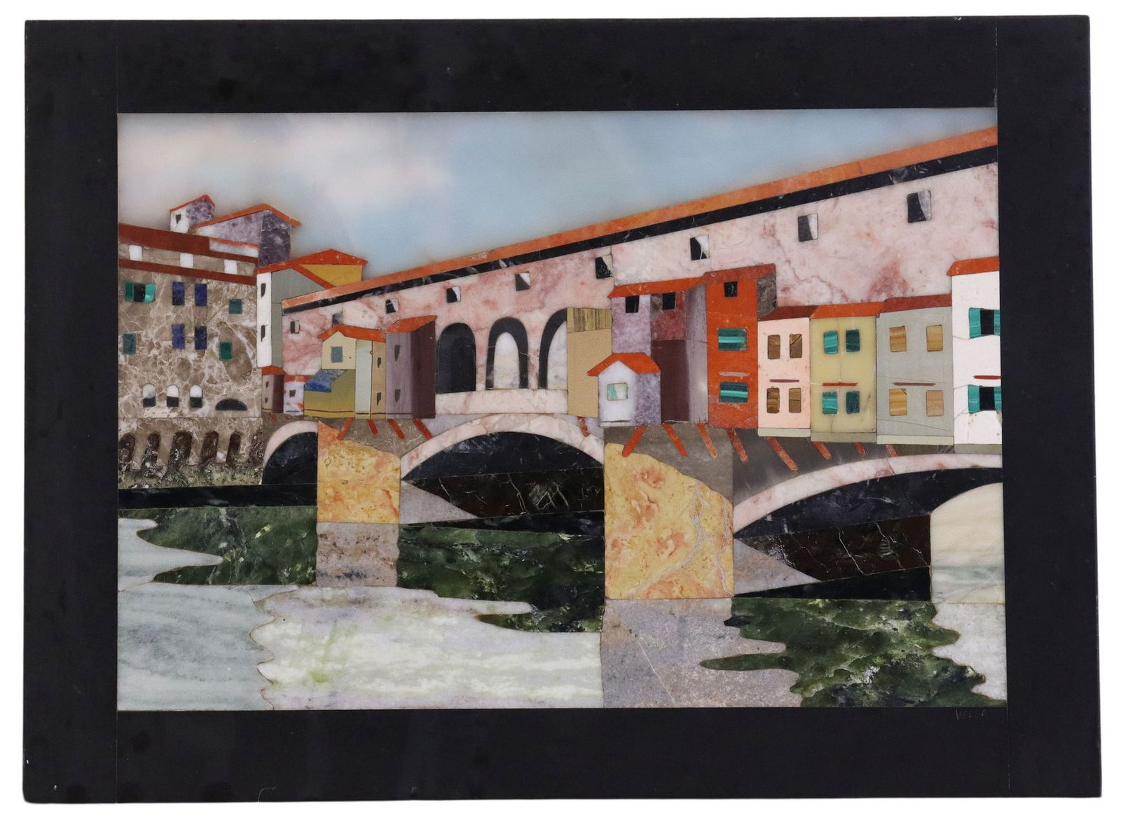 SIGNED VELGA PIETRA DURA SCENIC LANDSCAPE PLAQUE PONTE VECCHIO FLORENCEÂ (1 of 4)
