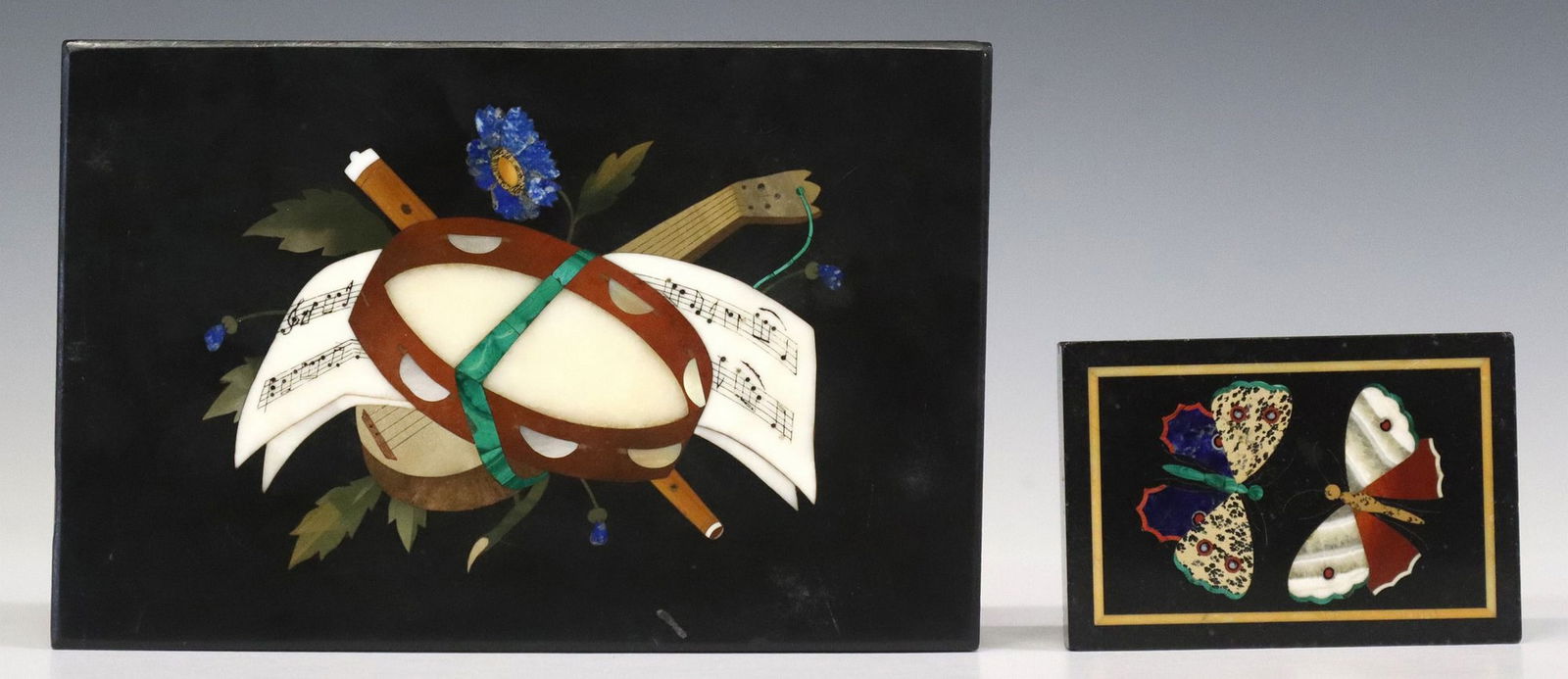 (2) ITALIAN PIETRA DURA PLAQUES OF MUSICAL TROPHY & BUTTERFLIES (1 of 2)