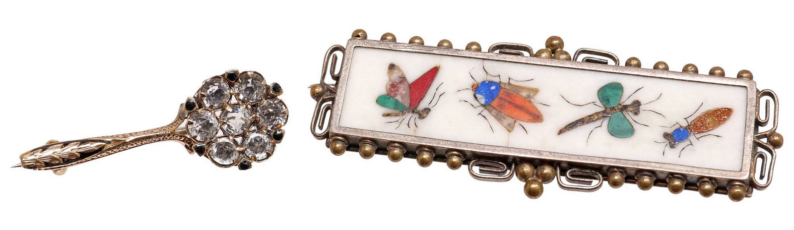 (2) PIETRA DURA BROOCH WITH INSECTS & SMALL FLORIFORM BROOCH: (lot of 2) Brooches, including: (1) floriform brooch, with black enamel accents, set with paste stones, approx 1 1/8"l, 3/8"w, (1) pietra dura insect brooch, approx 2"l, 0.75"